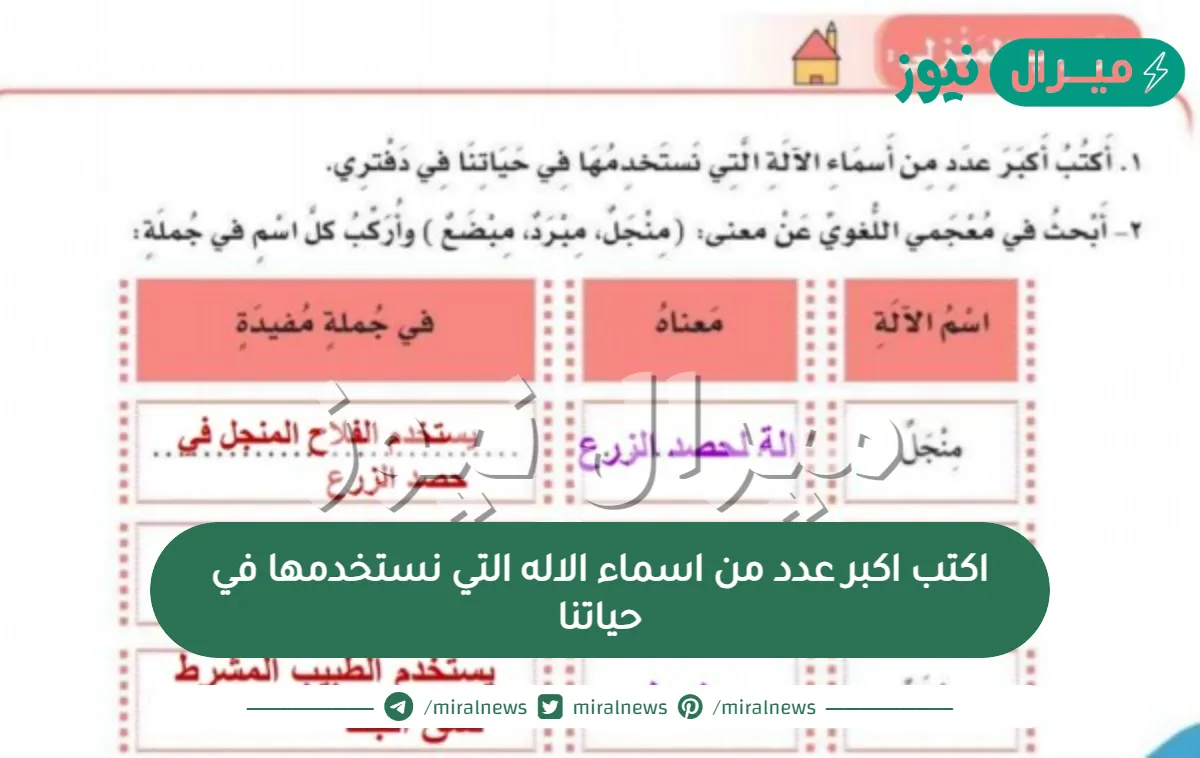 اكتب اكبر عدد من اسماء الاله التي نستخدمها في حياتنا