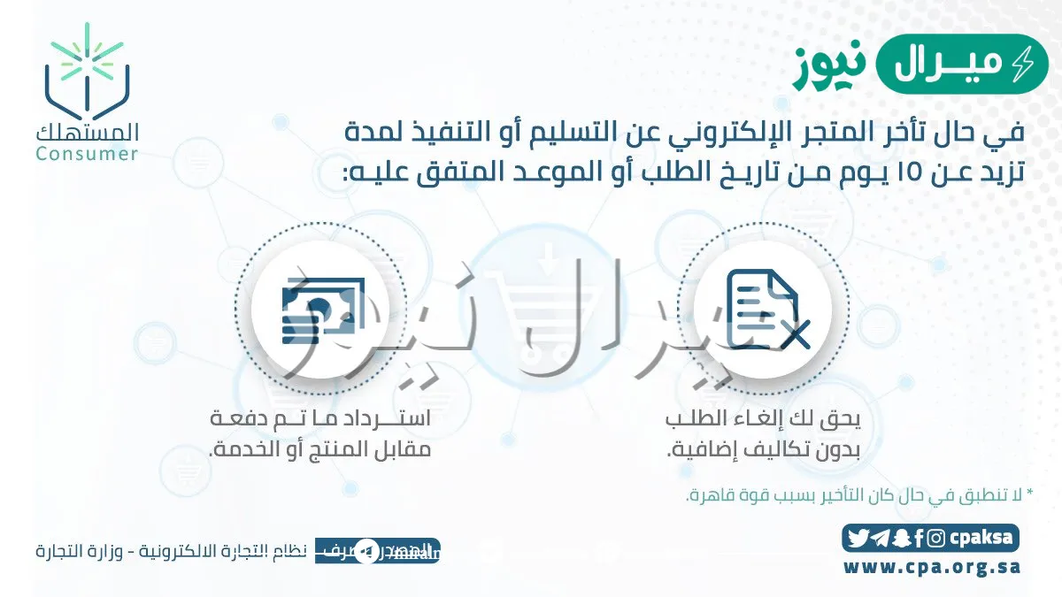 رسميًا … وزارة التجارة تصرح للمستهلك الحق بإلغاء العملية إذا تأخر المتجر عن التسليم أكثر من 15 يوم