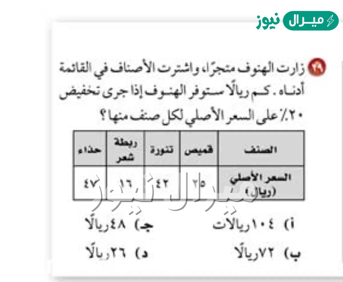 زارت الهنوف متجرا واشترت الأصناف في القائمة أدناه كم ريالا ستوفر الهنوف إذا جرى تخفيض ٢٠٪ على السعر الأصلي لكل صنف منها