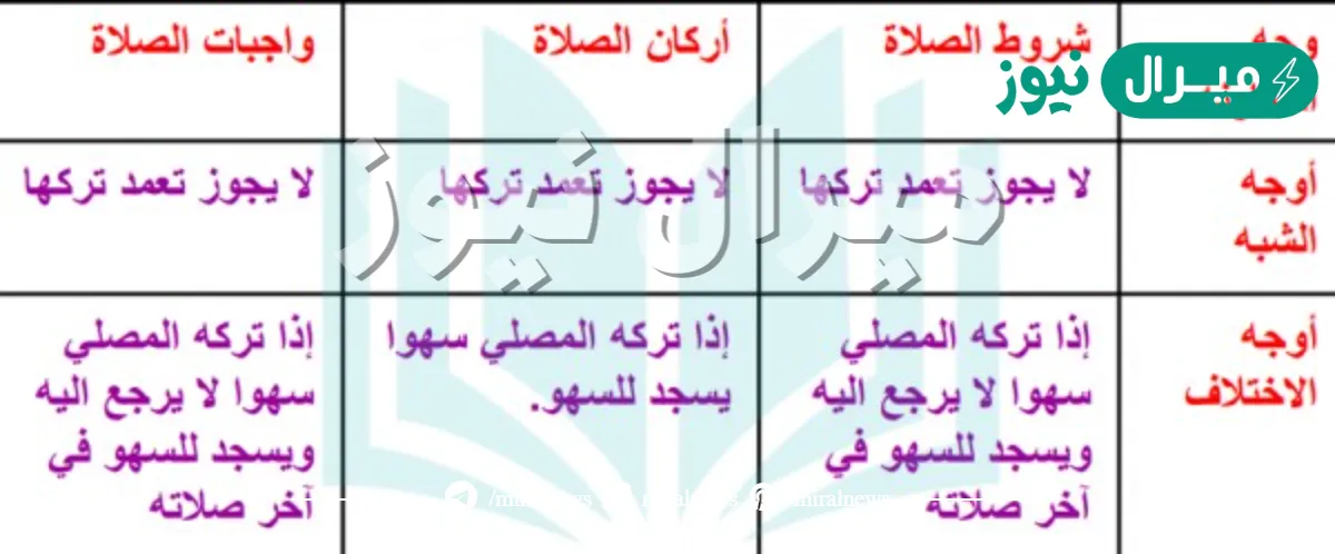 قارن بين شروط الصلاة وأركانها وواجباتها بذكر أوجه الشبه والاختلاف