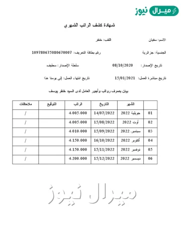 نموذج كشف الراتب الشهري doc