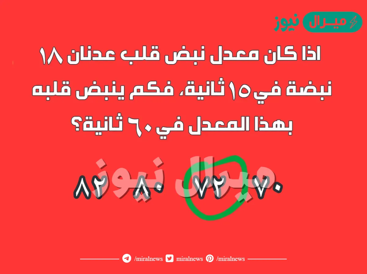 اذا كان معدل نبض قلب عدنان ١٨ نبضة في ١٥ ثانية، فكم ينبض قلبه