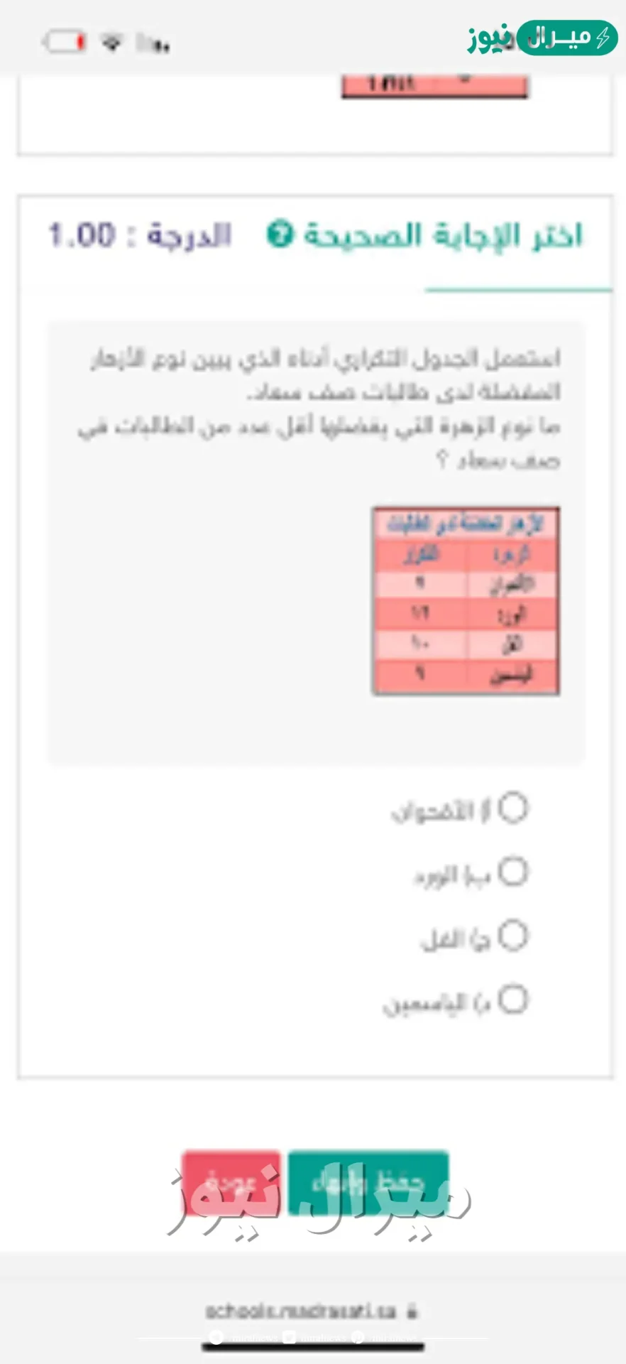 استعمل الجدول التكراري ادناه والذي يبين نوع الازهار