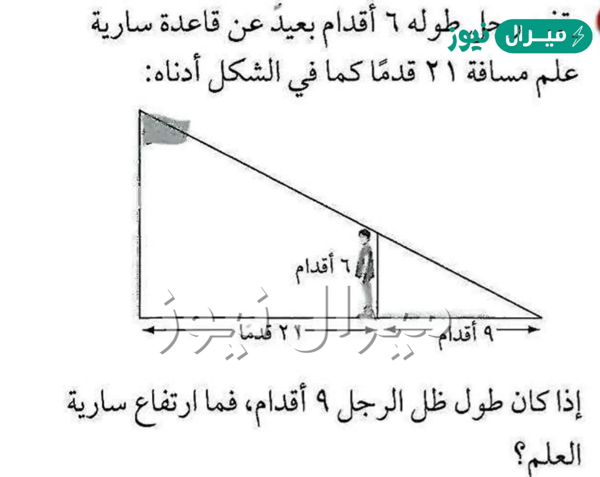 يقف رجل طوله ٦ أقدام بعيد عن قاعدة سارية علم مسافة ٢١ قدما كما في الشكل أدناه إذا كان طول ظل الرجل