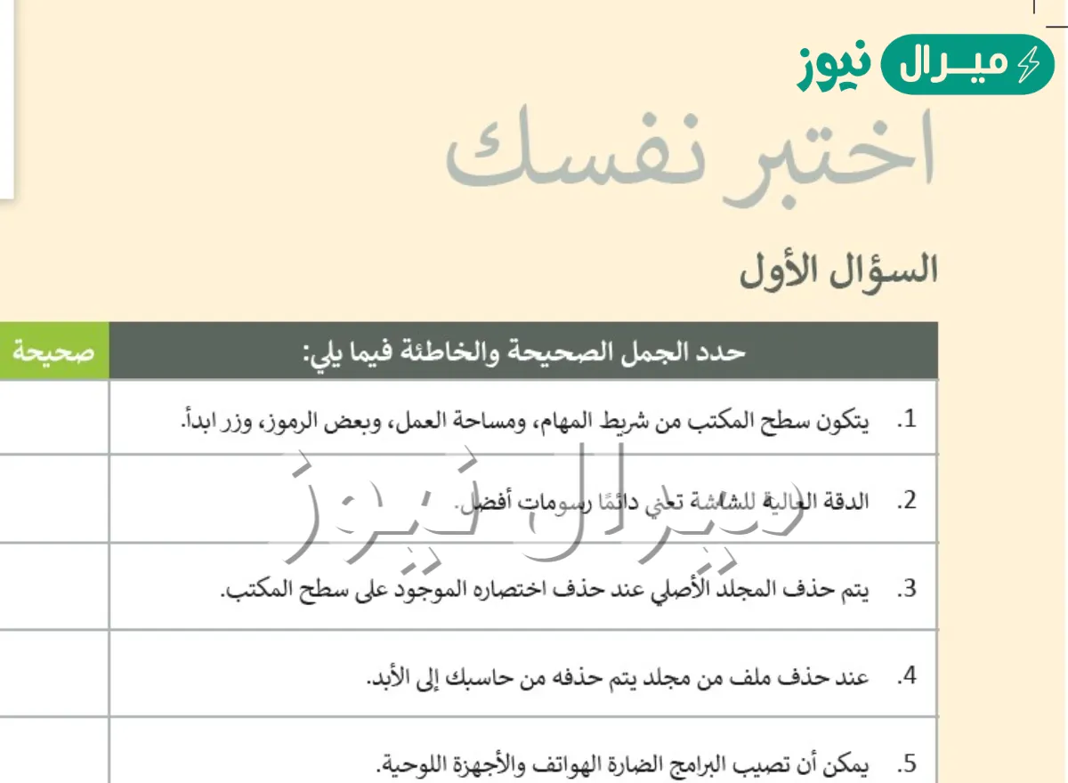 يتكون سطح المكتب من شريط المهام ومساحة العمل وبعض الرموز وزر ابدأ صح أم خطأ