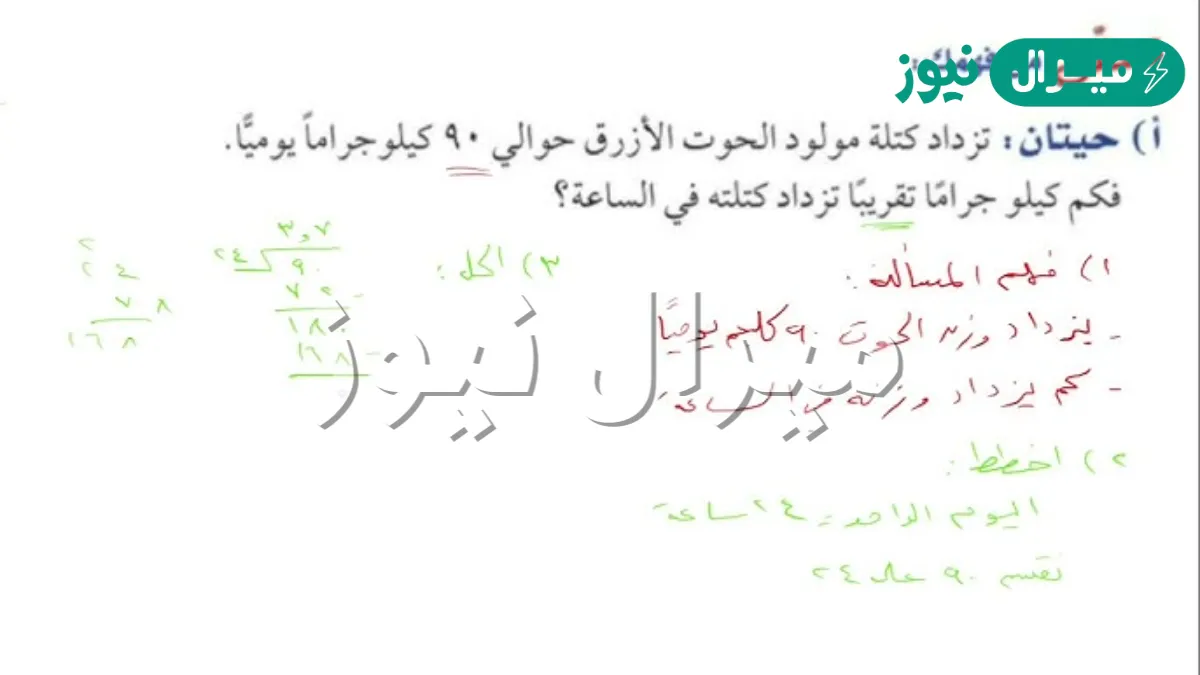 يزداد وزن مولود الحوت الأزرق حوالي ٩٠ كلجم يوميا، فكم كلجم تقريبا يزداد وزنه في الساعة؟