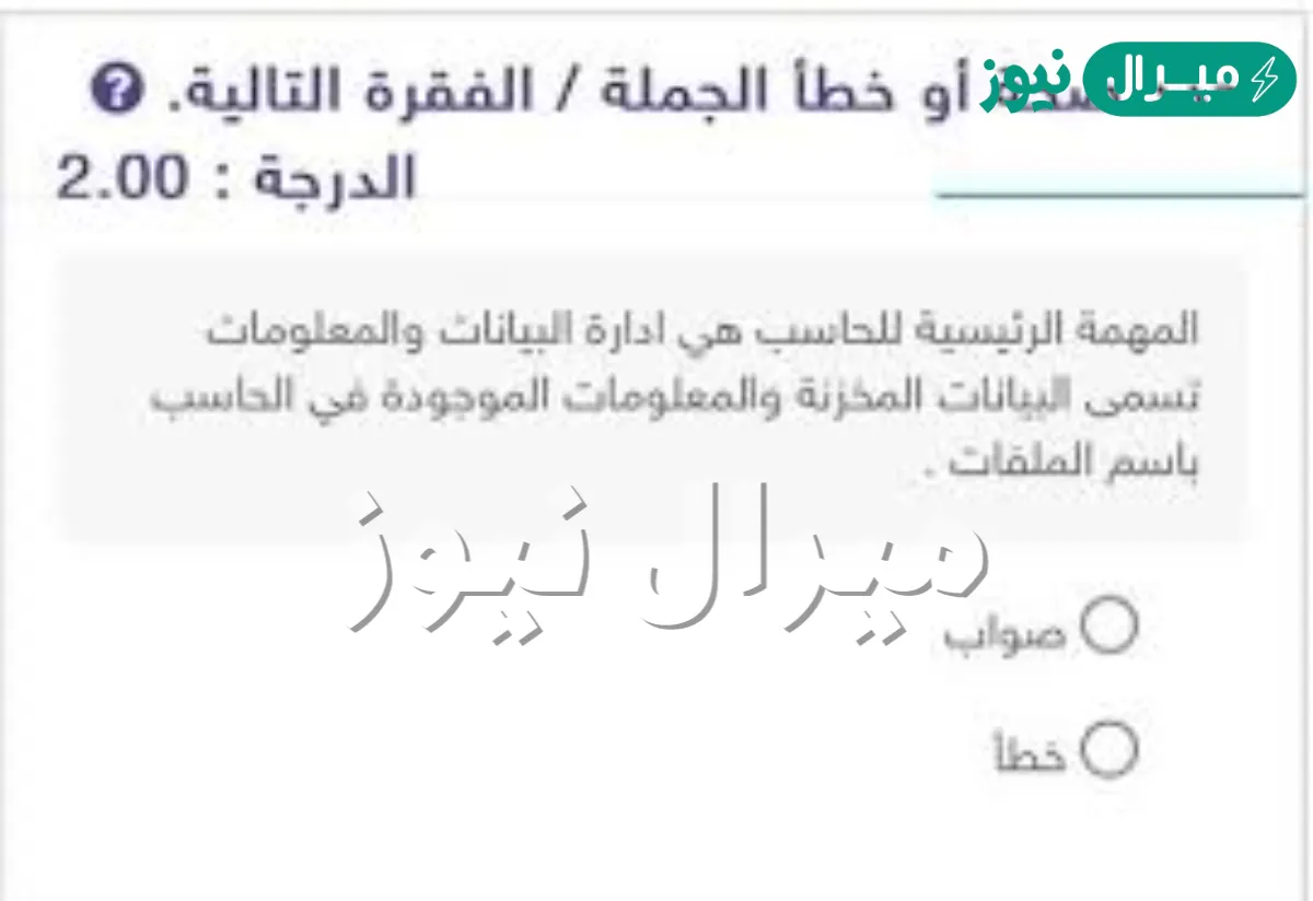 المهمة الرئيسية للحاسب هي ادارة البيانات والمعلومات تسمى البيانات المخزنة والمعلومات الموجودة في الحاسب باسم الملفات . صواب خطأ